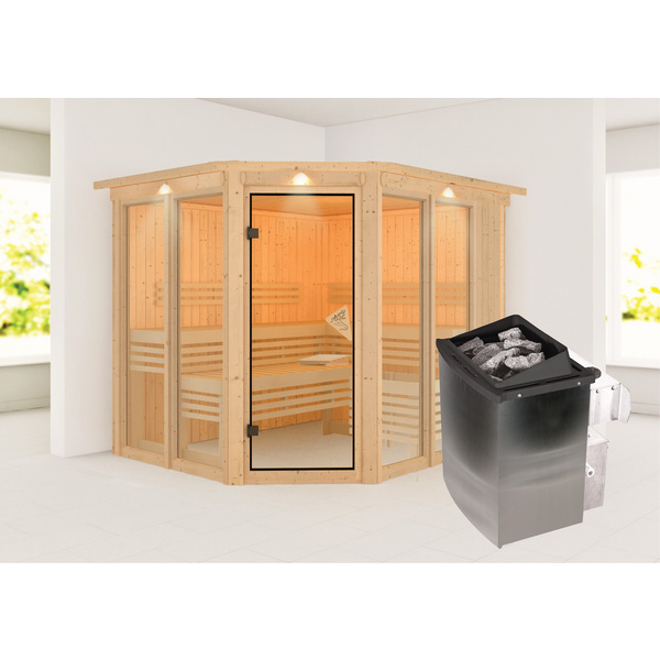 Systemsauna Ainur mit bronz. Tür und Kranz SET mit Ofen 9kW integr. Strg. 2450x2100x2020mm
