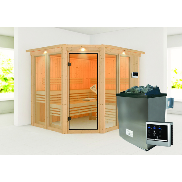 Systemsauna Ainur mit bronz. Tür und Kranz SET mit Ofen 9kW ext. Strg. 2450x2100x2020mm
