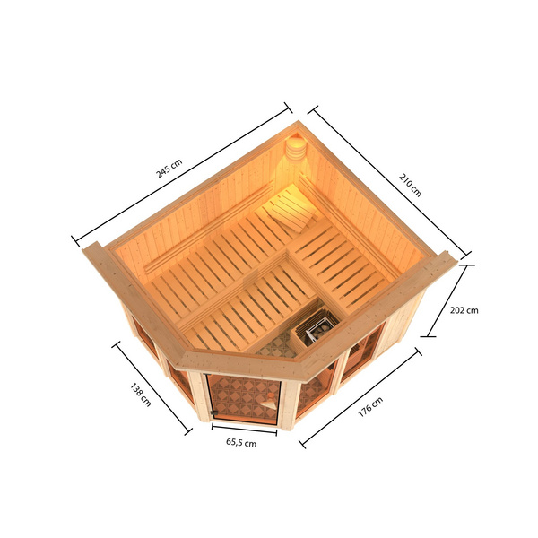 Systemsauna Ainur mit bronz. Tür und Kranz SET mit Ofen 9kW ext. Strg. 2450x2100x2020mm