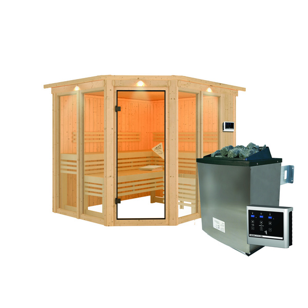 Systemsauna Ainur mit bronz. Tür und Kranz SET mit Ofen 9kW ext. Strg. 2450x2100x2020mm