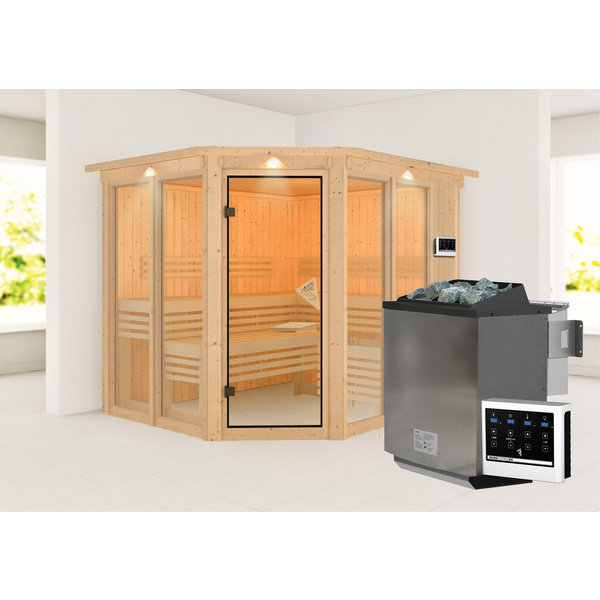 Systemsauna Ainur mit bronz. Tür und Kranz SET mit Ofen 9kW Bio mit ext. Strg. 2450x2100x2020mm