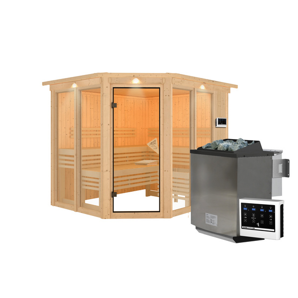 Systemsauna Ainur mit bronz. Tür und Kranz SET mit Ofen 9kW Bio mit ext. Strg. 2450x2100x2020mm