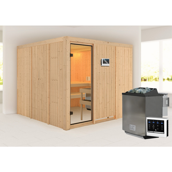 Systemsauna Arvika mit bronz. Tür SET mit Ofen 9kW Bio mit ext. Strg. 2310x2310x1980mm