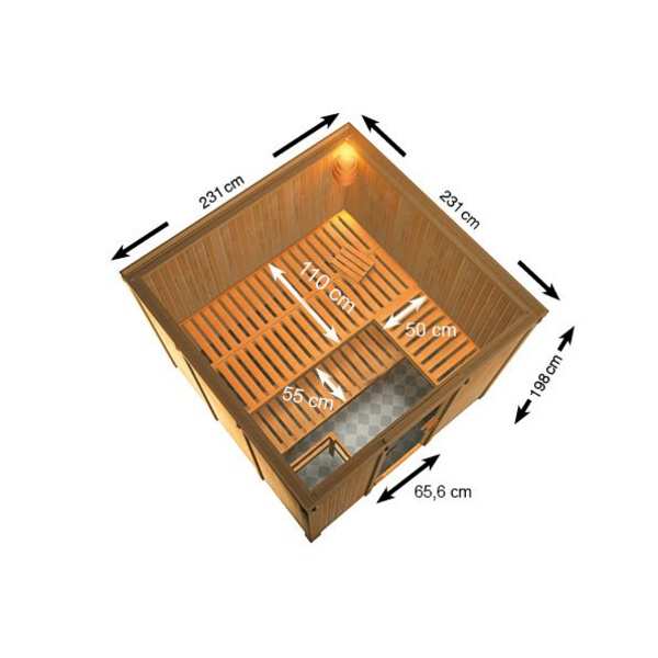 Systemsauna Arvika mit bronz. Tür SET mit Ofen 9kW Bio mit ext. Strg. 2310x2310x1980mm