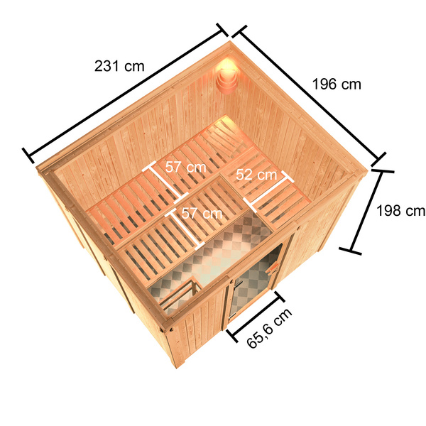 Systemsauna Nybro mit bronz. Tür SET mit Ofen 9kW Bio mit ext. Strg. 2310x1960x1980mm