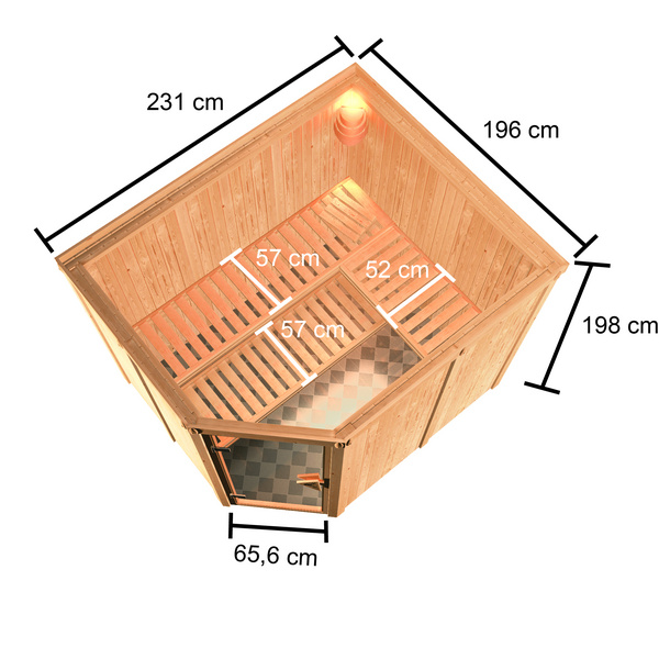 Systemsauna Horna mit bronz. Tür SET mit Ofen 9kW Bio mit ext. Strg. 2310x1960x1980mm