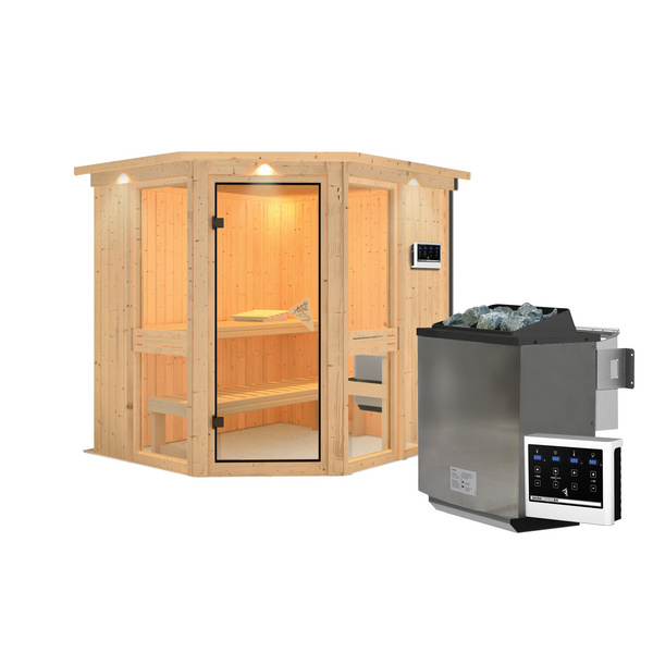 Systemsauna Amelia 1 mit Kranz SET mit Ofen 9kW Bio ext. Strg. Easy 2100x1840x2020mm