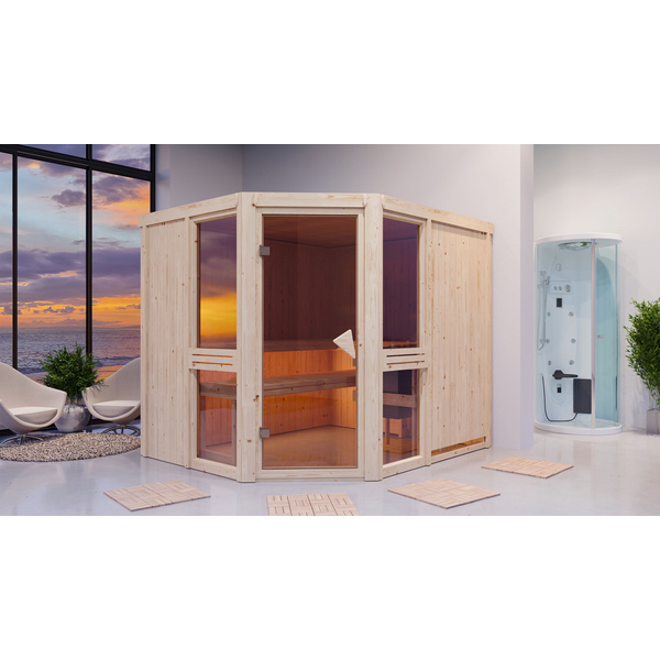 Systemsauna Amelia 3 mit bronz. Tür SET Ofen 9kW Bio externe Strg Easy 2310x1960x1980mm