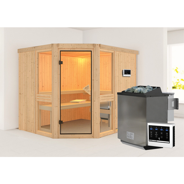 Systemsauna Amelia 3 mit bronz. Tür SET Ofen 9kW Bio externe Strg Easy 2310x1960x1980mm