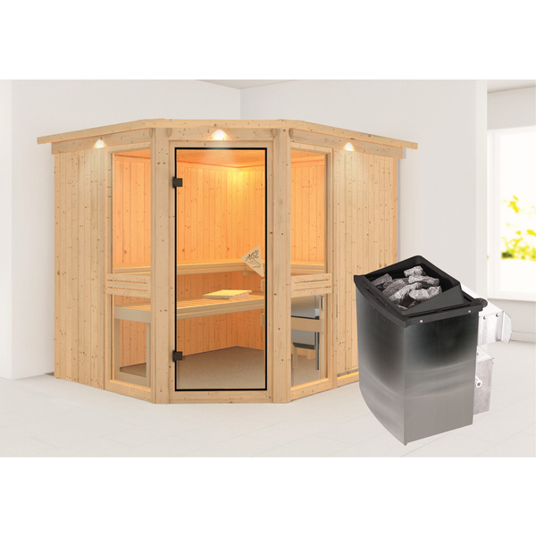 Systemsauna Amelia 3 mit bronz. Tür und Kranz SET mit Ofen 9kW int. Strg. 2450x2100x2020mm