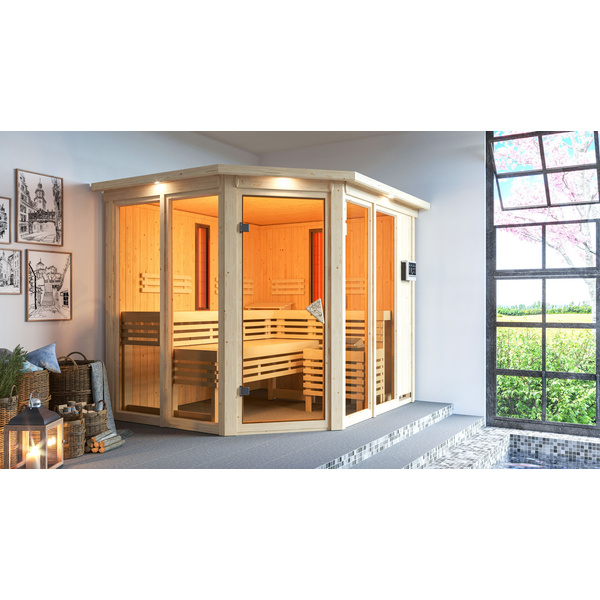 Systemsauna Multifunktionskabine Ava mit bronz. Tür und Kranz SET mit Ofen 9kW Bio ext. Strg. 2450x2100x2020mm