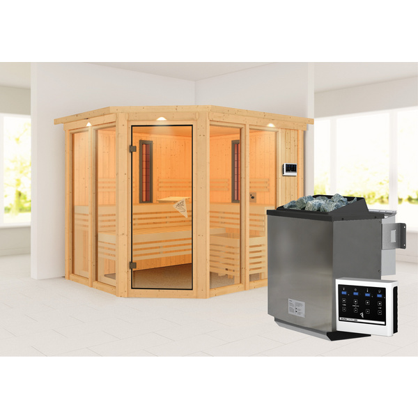 Systemsauna Multifunktionskabine Ava mit bronz. Tür und Kranz SET mit Ofen 9kW Bio ext. Strg. 2450x2100x2020mm