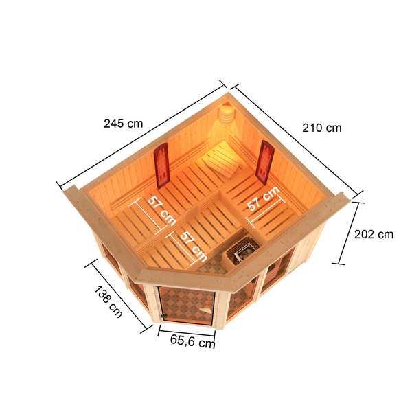 Systemsauna Multifunktionskabine Ava mit bronz. Tür und Kranz SET mit Ofen 9kW Bio ext. Strg. 2450x2100x2020mm