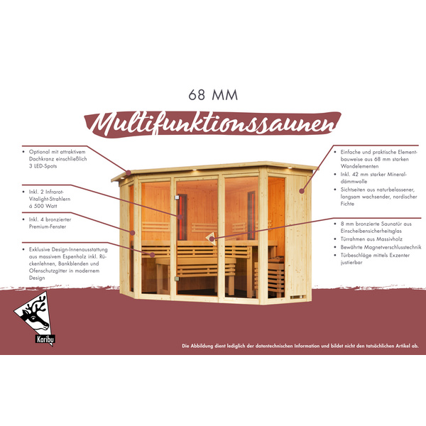 Systemsauna Multifunktionskabine Ava mit bronz. Tür und Kranz SET mit Ofen 9kW Bio ext. Strg. 2450x2100x2020mm