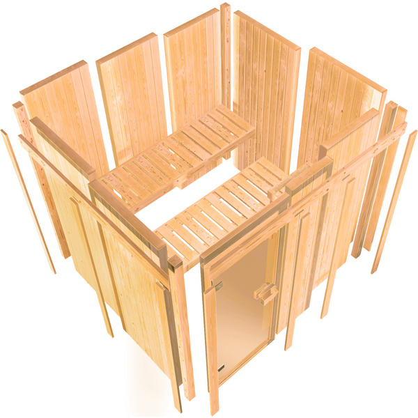 Systemsauna Multifunktionskabine Ava mit bronz. Tür und Kranz SET mit Ofen 9kW Bio ext. Strg. 2450x2100x2020mm