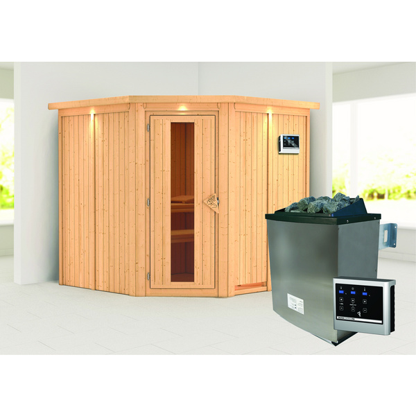 Systemsauna Jarin mit Kranz und Energiespartür SET mit Ofen 9kW ext. Strg Easy 2100x2100x2020mm