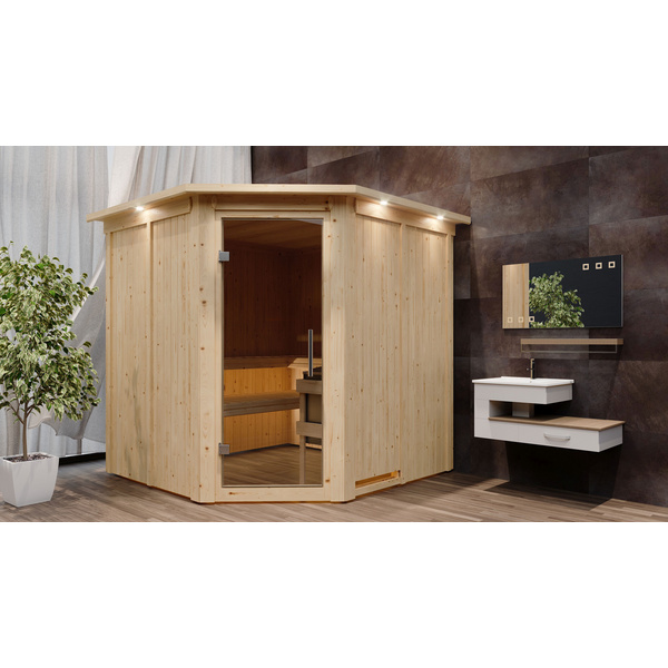 Systemsauna Jarin mit Kranz und Tür graphit SET mit Ofen 9kW ext. Strg Easy 2100x2100x2020mm