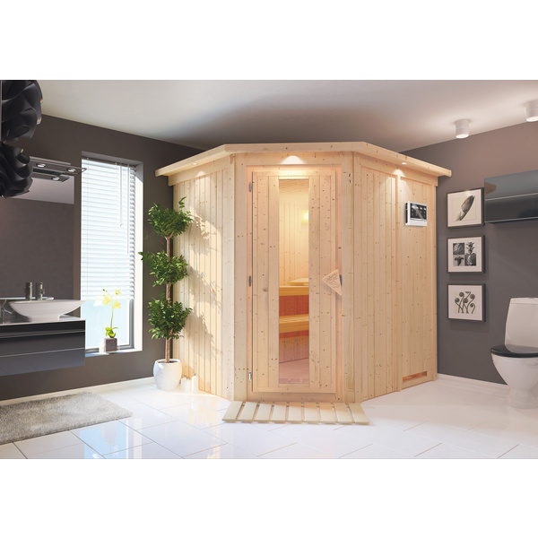 Systemsauna Siirin mit Kranz und Energiespartür SET mit Ofen 9kW Bio ext. Strg Easy 2100x1840x2020mm