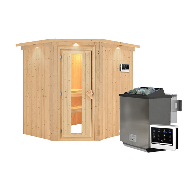 Systemsauna Siirin mit Kranz und Energiespartür SET mit Ofen 9kW Bio ext. Strg Easy 2100x1840x2020mm
