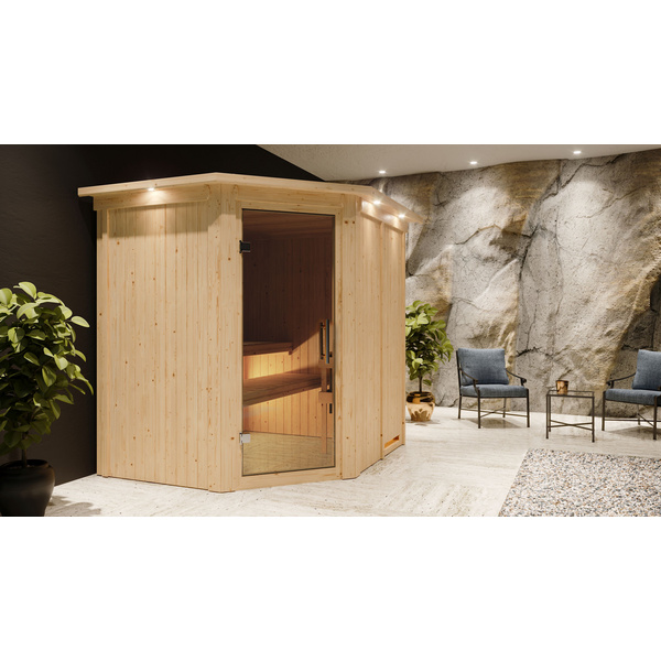 Systemsauna Siirin mit Kranz und Tür graphit SET mit Ofen 9kW Bio ext. Strg Easy 2100x1840x2020mm