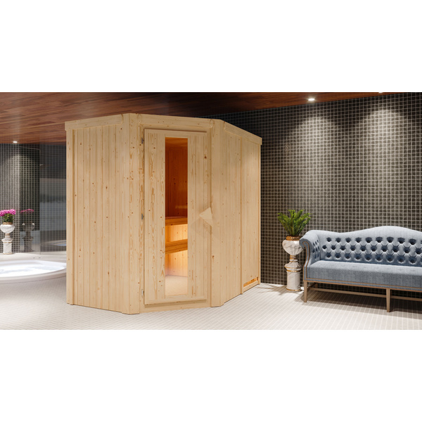 Systemsauna Carin mit Energiespartür SET mit Ofen 9kW Bio ext. Strg. Easy 1510x1960x1980mm