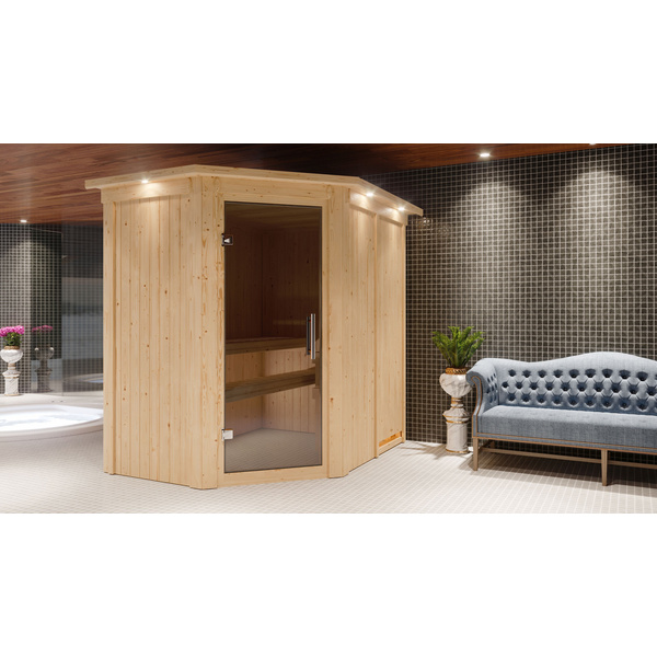 Systemsauna Carin mit Tür graphit und Kranz SET mit Ofen 9kW Bio ext. Strg. Easy 1650x2100x2020mm
