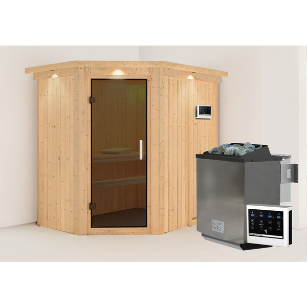 Systemsauna Carin mit Tür graphit und Kranz SET mit Ofen 9kW Bio ext. Strg. Easy 1650x2100x2020mm