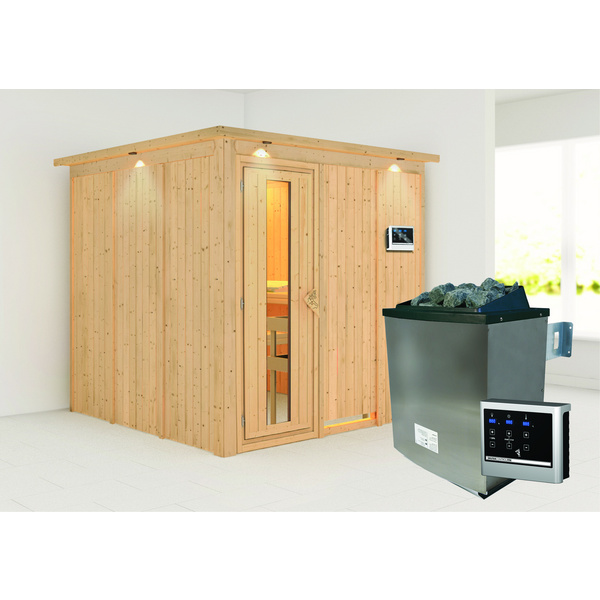 Systemsauna Rodin mit Energiespartür und Kranz SET mit Ofen 9kW ext. Strg Easy 2100x2100x2020mm