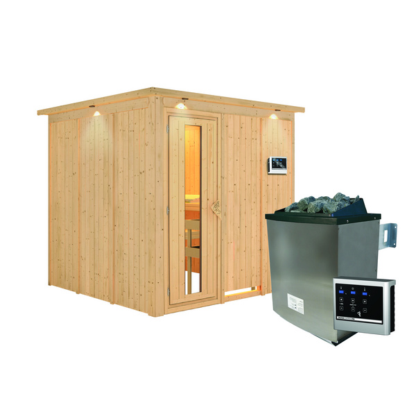 Systemsauna Rodin mit Energiespartür und Kranz SET mit Ofen 9kW ext. Strg Easy 2100x2100x2020mm