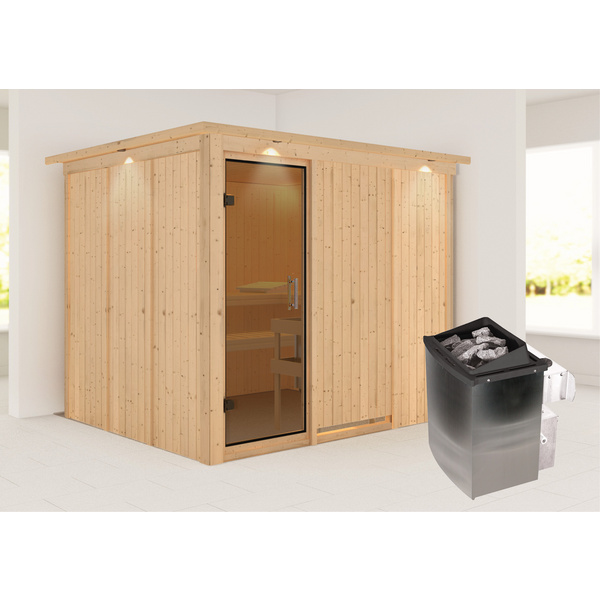 Systemsauna Gobin mit Tür graphit und Kranz SET mit Ofen 9kW integr. Strg 2450x2100x2020mm