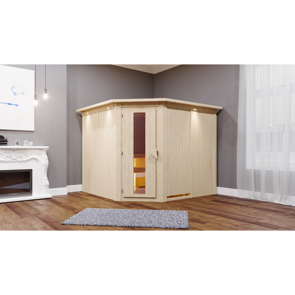 Systemsauna Malin mit Energiespartür Tür und Kranz SET mit Ofen 9kW integr. Strg 2450x2100x2020mm