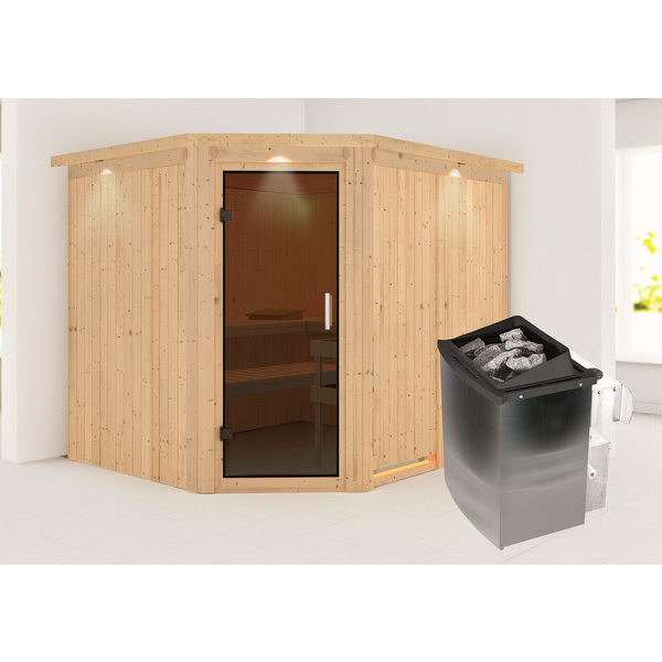 Systemsauna Malin mit Tür graphit und Kranz SET mit Ofen 9kW integr. Strg 2450x2100x2020mm