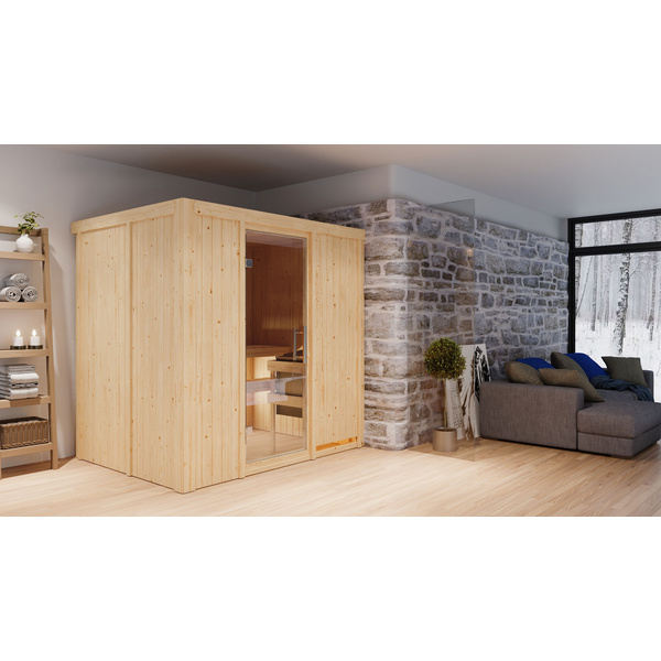 Systemsauna Bodin mit Klarglastür SET Ofen 9kW Bio externe Strg easy 1960x1510x1980mm