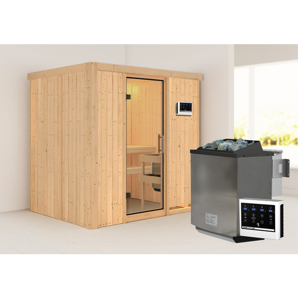 Systemsauna Bodin mit Klarglastür SET Ofen 9kW Bio externe Strg easy 1960x1510x1980mm