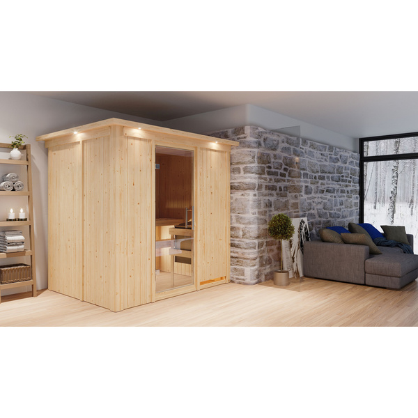 Systemsauna Bodin mit Klarglastür und Kranz SET Ofen 9kW Bio externe Strg easy 2100x1650x2020mm