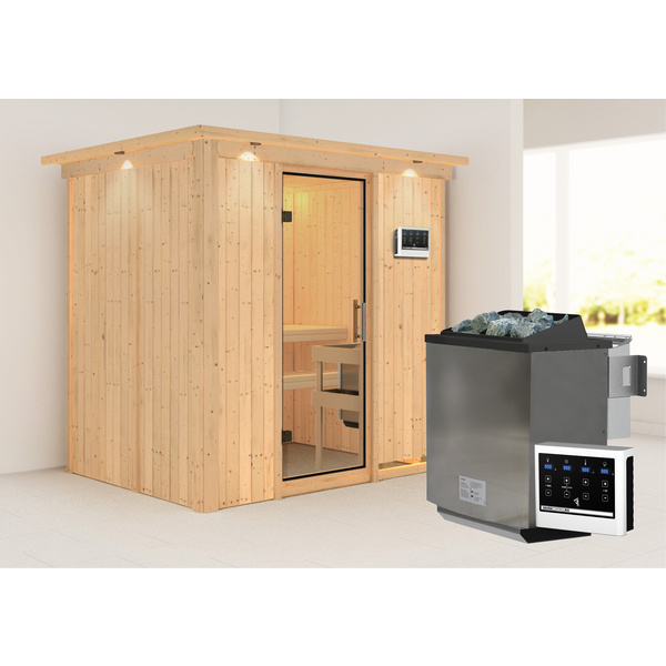 Systemsauna Bodin mit Klarglastür und Kranz SET Ofen 9kW Bio externe Strg easy 2100x1650x2020mm