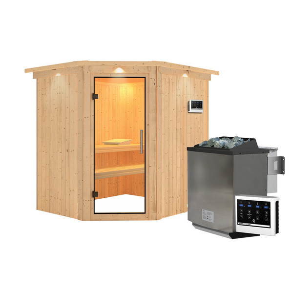 Systemsauna Siirin mit Klarglastür und Kranz SET Ofen 9kW Bio externe Strg easy 2100x1840x2020mm