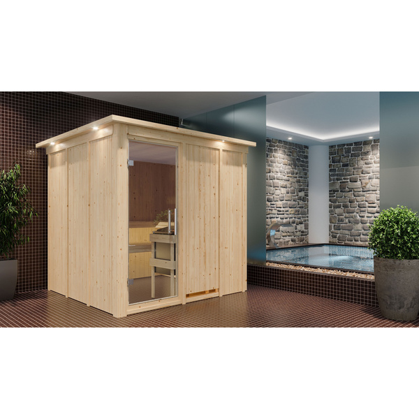 Systemsauna Rodin mit Klarglastür und Kranz SET Ofen 9KW externe Strg easy 2100x2100x2020mm