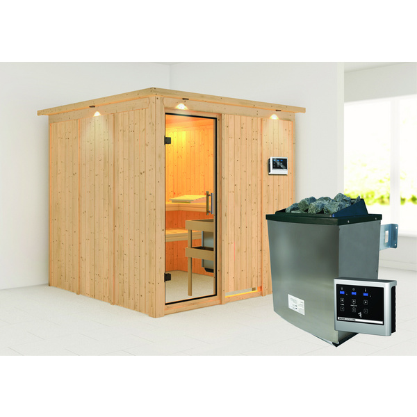 Systemsauna Rodin mit Klarglastür und Kranz SET Ofen 9KW externe Strg easy 2100x2100x2020mm