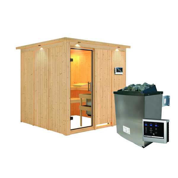 Systemsauna Rodin mit Klarglastür und Kranz SET Ofen 9KW externe Strg easy 2100x2100x2020mm