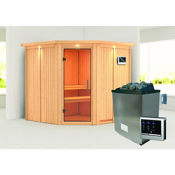 Systemsauna Jarin mit Klarglastür und Kranz SET Ofen 9KW externe Strg easy 2100x2100x2020mm