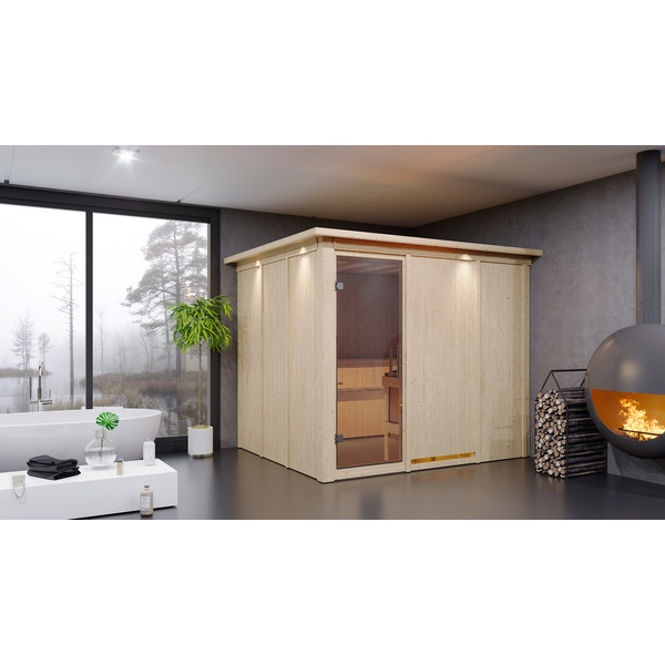 Systemsauna Gobin mit Klarglastür und Kranz SET Ofen 9KW externe Strg easy 2450x2100x2020mm
