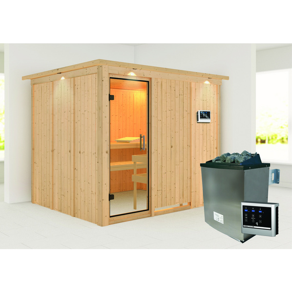 Systemsauna Gobin mit Klarglastür und Kranz SET Ofen 9KW externe Strg easy 2450x2100x2020mm