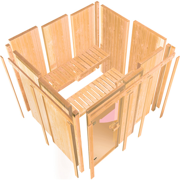 Systemsauna Gobin mit Klarglastür und Kranz SET Ofen 9KW externe Strg easy 2450x2100x2020mm
