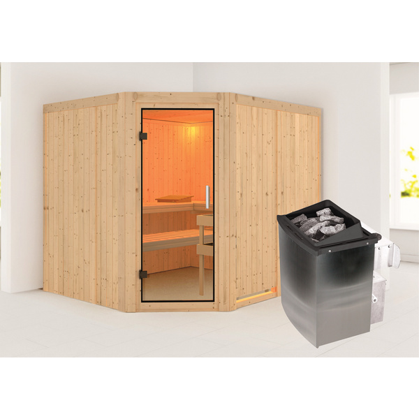 Systemsauna Malin mit Klarglastür SET Ofen 9kW integr. Strg 2310x1960x1980mm