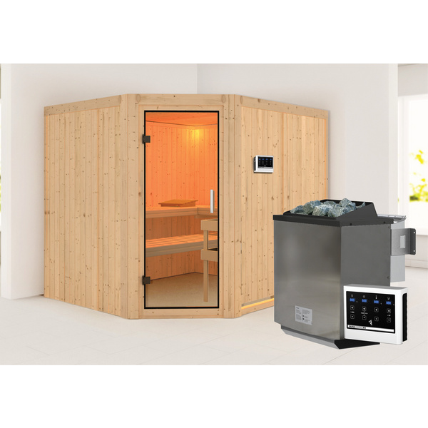 Systemsauna Malin mit Klarglastür SET Ofen 9kW Bio externe Strg easy 2310x1960x1980mm