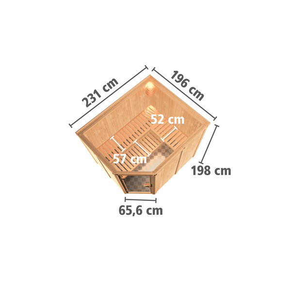 Systemsauna Malin mit Klarglastür SET Ofen 9kW Bio externe Strg easy 2310x1960x1980mm