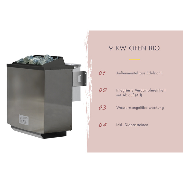 Systemsauna Malin mit Klarglastür SET Ofen 9kW Bio externe Strg easy 2310x1960x1980mm