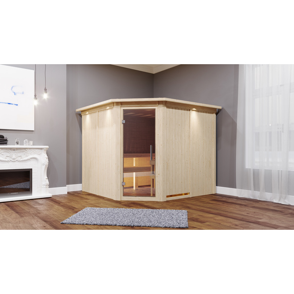 Systemsauna Malin mit Klarglastür und Kranz SET Ofen 9kW integr. Strg 2450x2100x2020mm