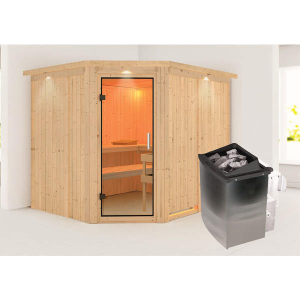 Systemsauna Malin mit Klarglastür und Kranz SET Ofen 9kW integr. Strg 2450x2100x2020mm